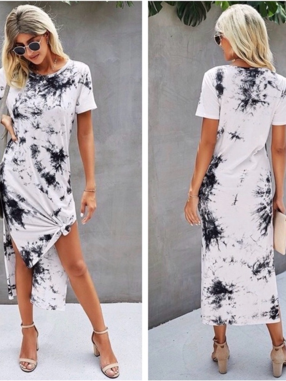 K060 Casual Tie-Dye White and Black Maxi Tee Dress